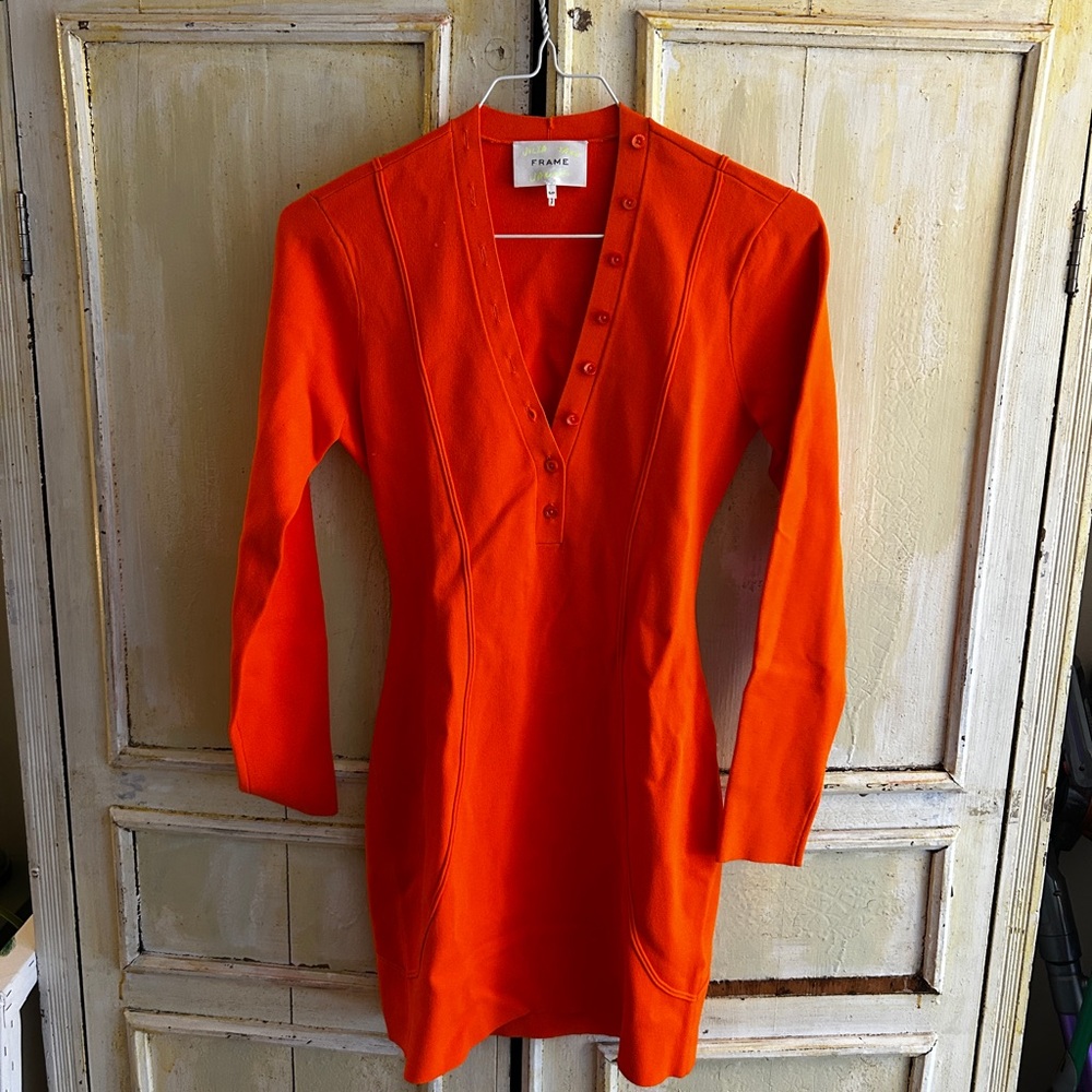 FRAME V-Neck Long Sleeve Mini Dress in Bright Orange